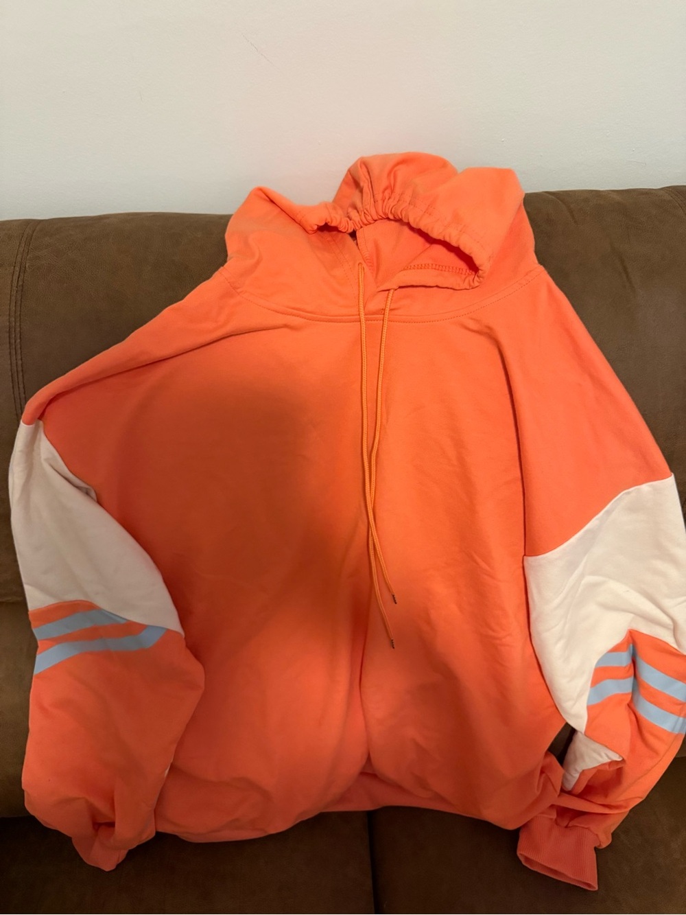 Oversized Orange Hoodie with White & Light Blue Sleeve Stripes